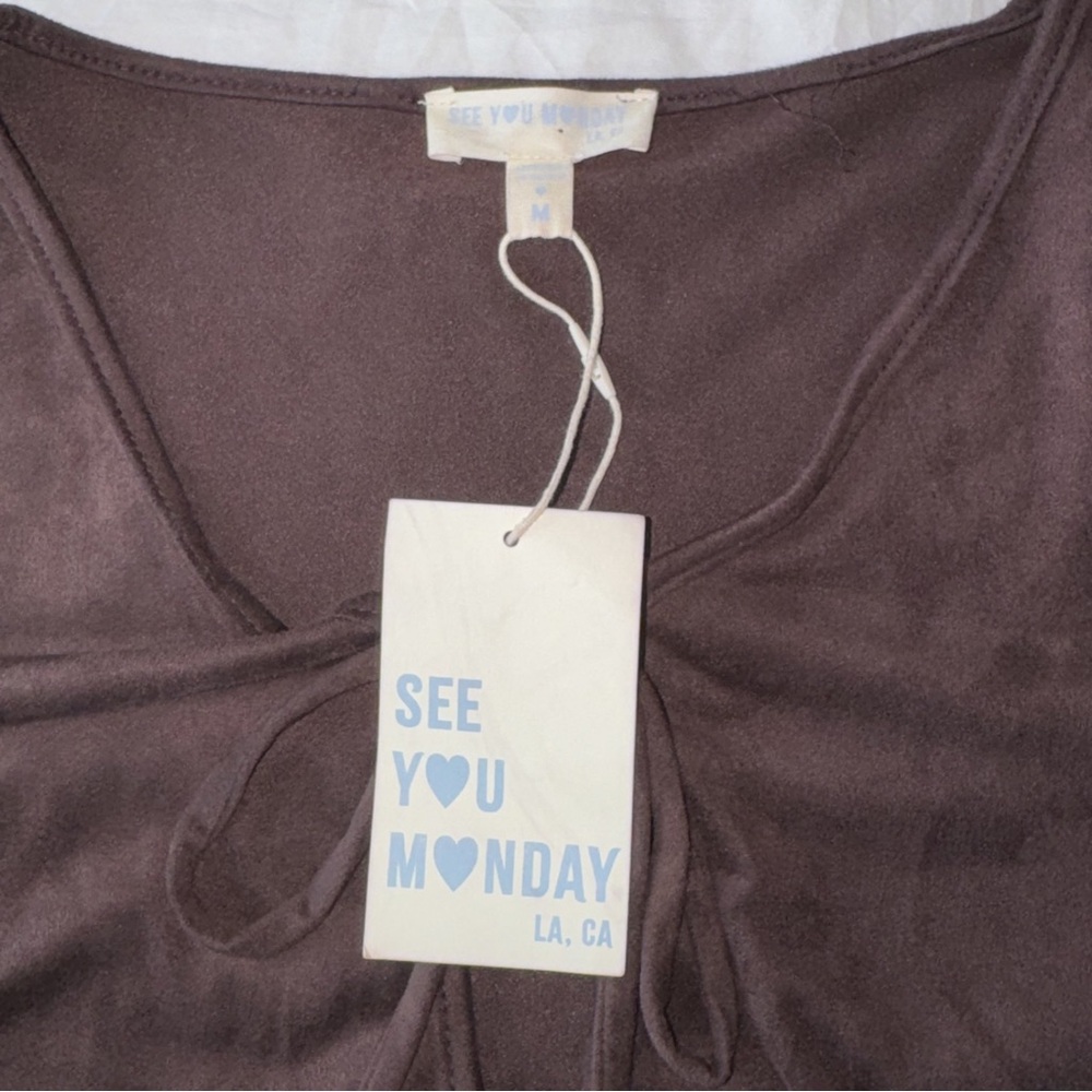 See You Monday Women's Brown Velvet-like Tie Front Long Sleeve Crop Top NWT - Picture 7 of 9
